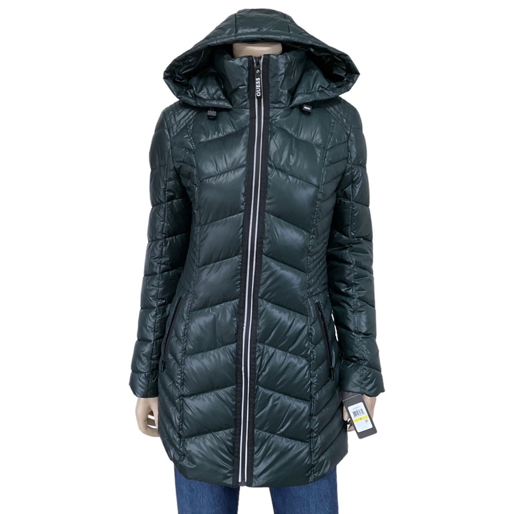 Guess Coat Womens Medium Green Puffer Jacket Zip Hooded Mid Length NWT 22OMP212